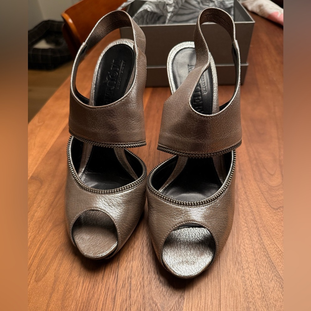 Alexander McQueen Bronze Peep-Toe Heels